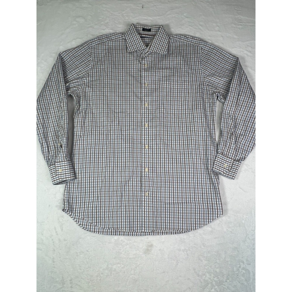Peter‎ Millar Mens Dress Shirt Button Front Plaid 16.5 Blue Cotton